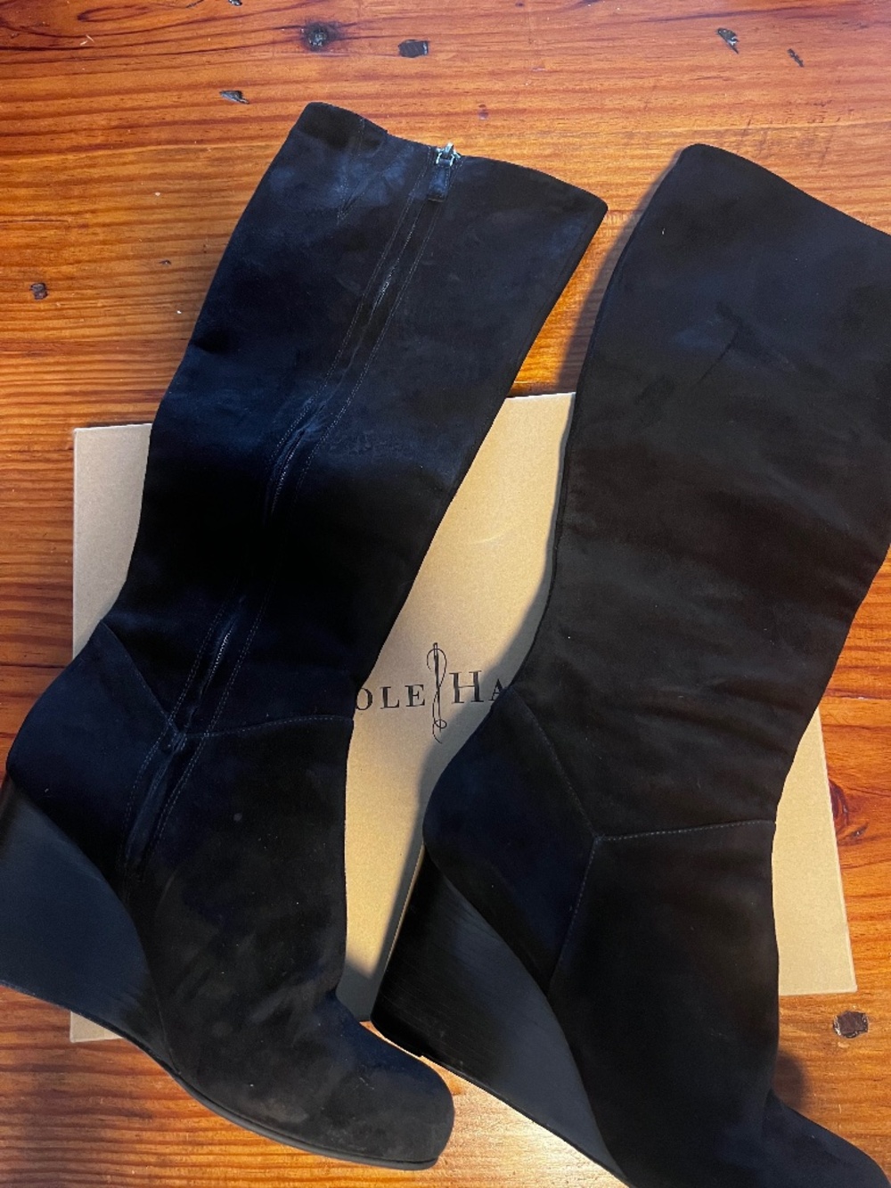 Cole Haan Cora Wedge Tall Boot - Black Suede, Size 7.5B